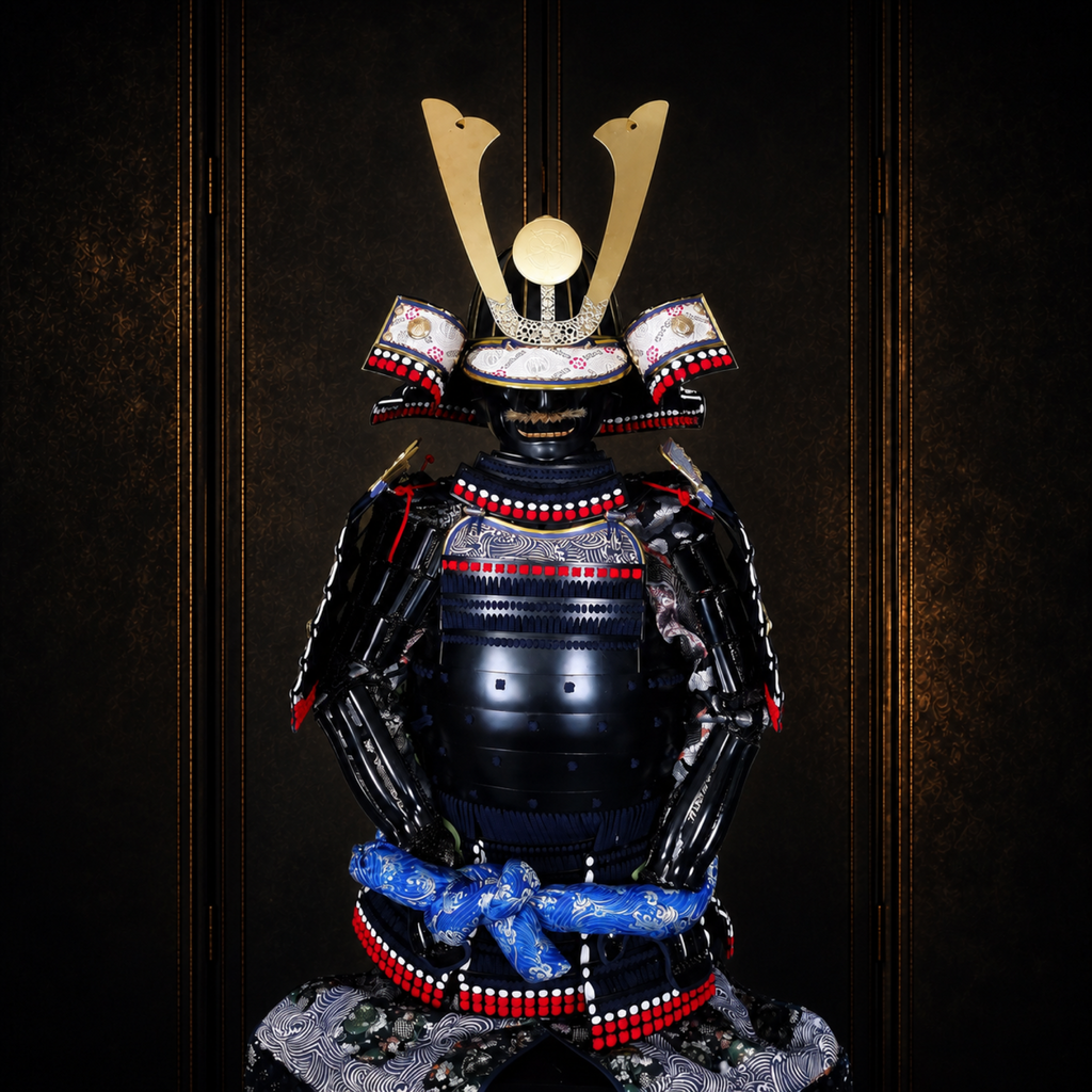 Oda Nobunaga samurai armor, dark museum-style background, view 2