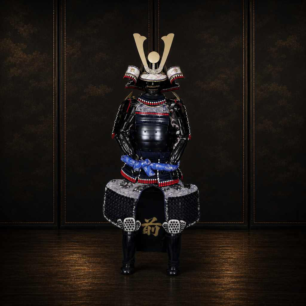 Oda Nobunaga samurai armor, dark museum-style background, view 3