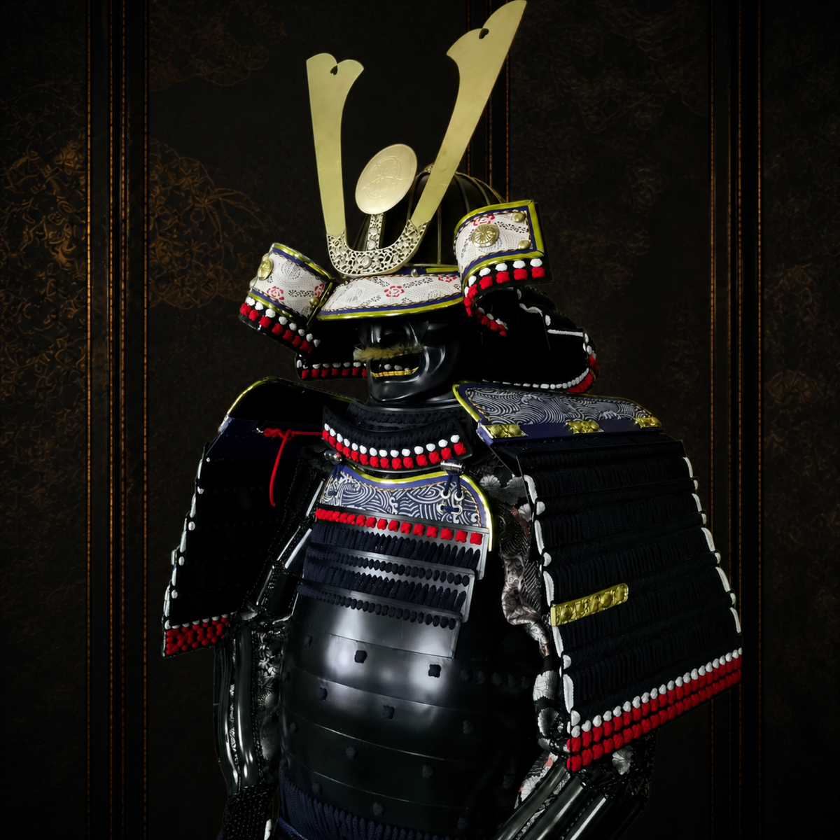 Oda Nobunaga samurai armor, dark museum-style background, view 4