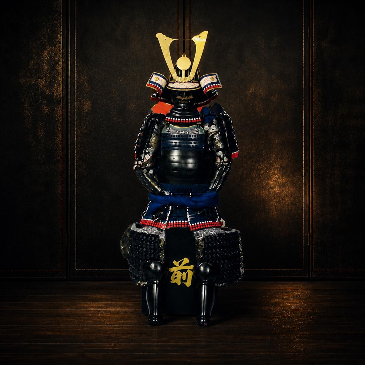 Oda Nobunaga samurai armor in silver and gilt, front view, dark museum-style background
