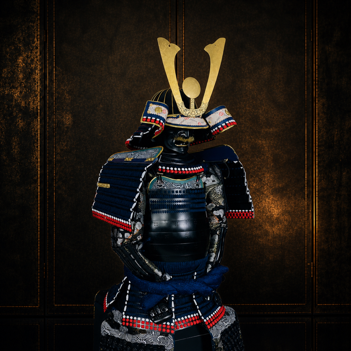 Silver and gilt samurai armor, three-quarter view, dark museum-style background