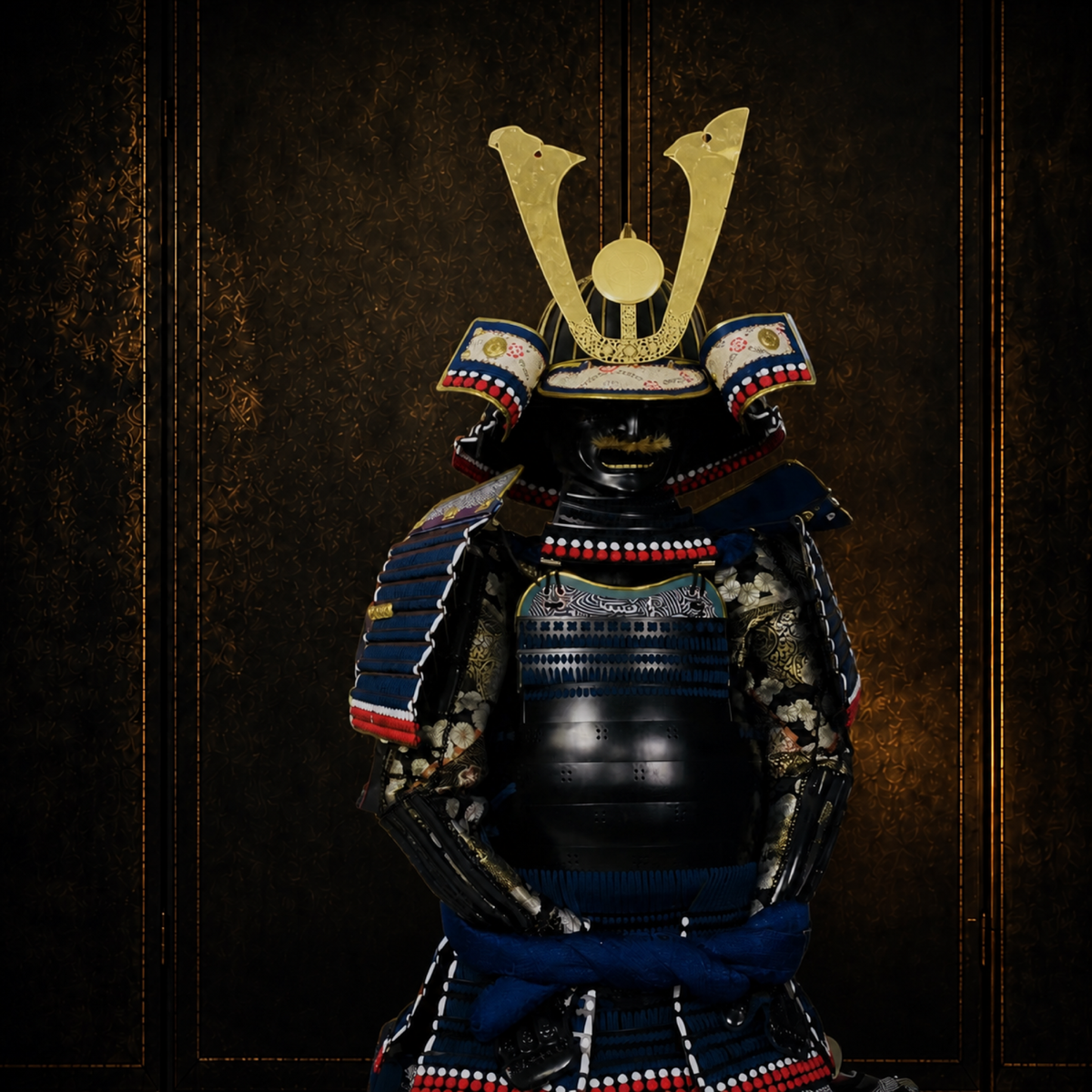 Silver and gilt samurai armor, side view with kuwagata crest, dark museum-style background