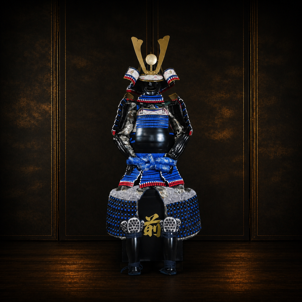 Oda Nobutaka samurai armor, dark museum-style background, view 1
