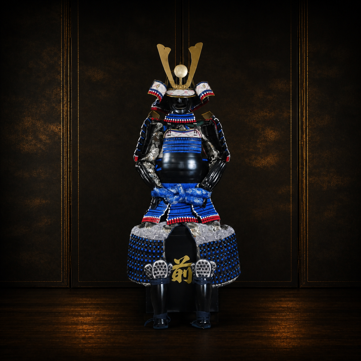 Oda Nobutaka samurai armor, dark museum-style background, view 1