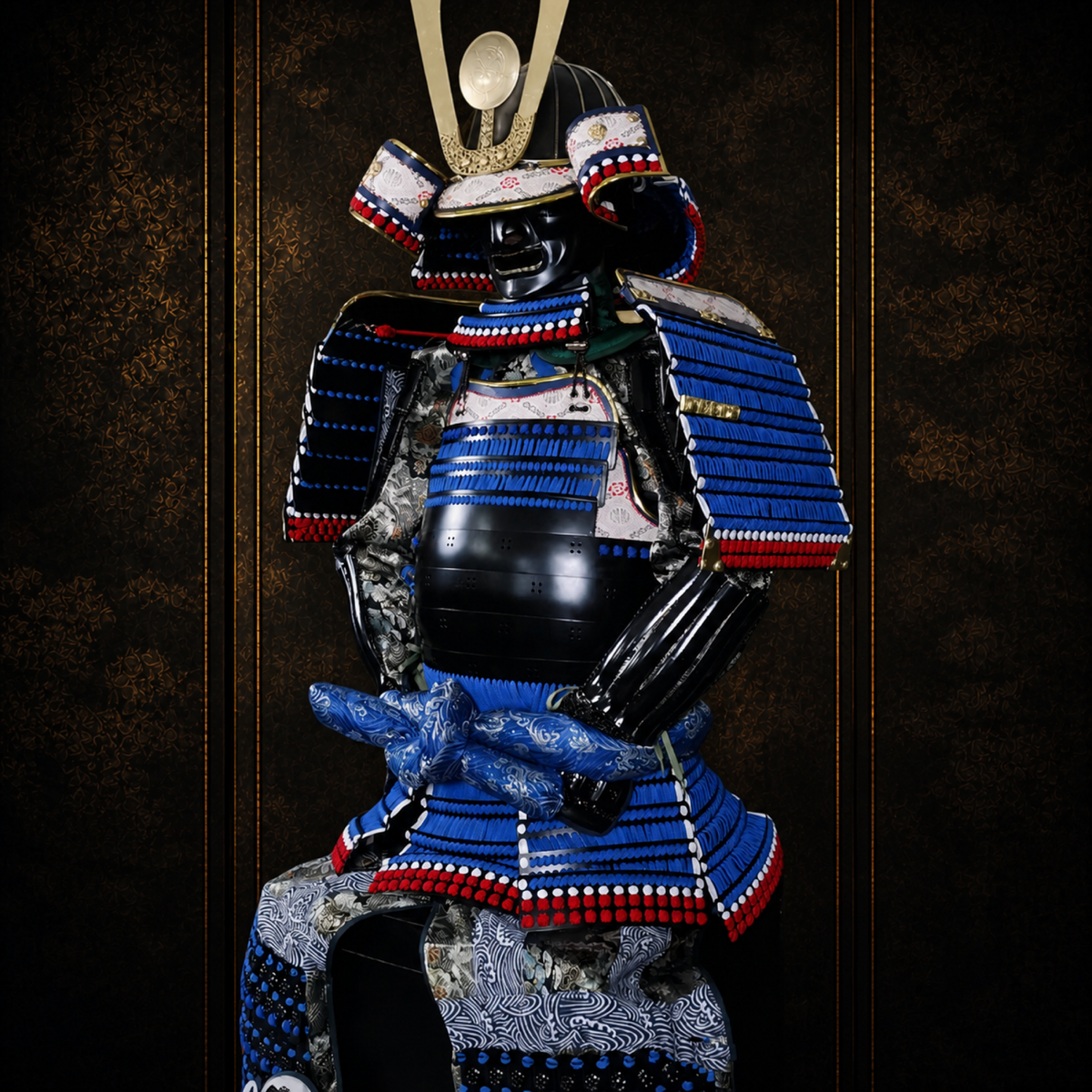 Oda Nobutaka samurai armor, dark museum-style background, view 2