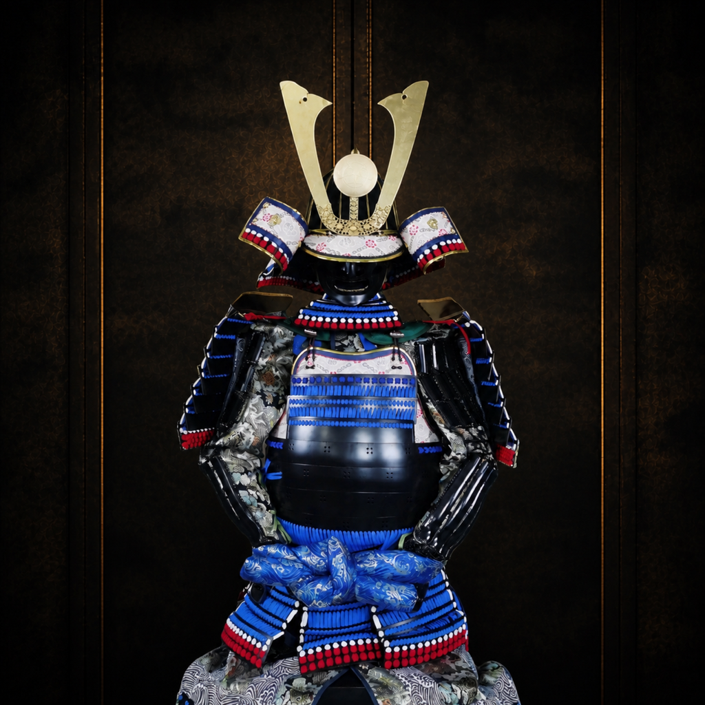 Oda Nobutaka samurai armor, dark museum-style background, view 3