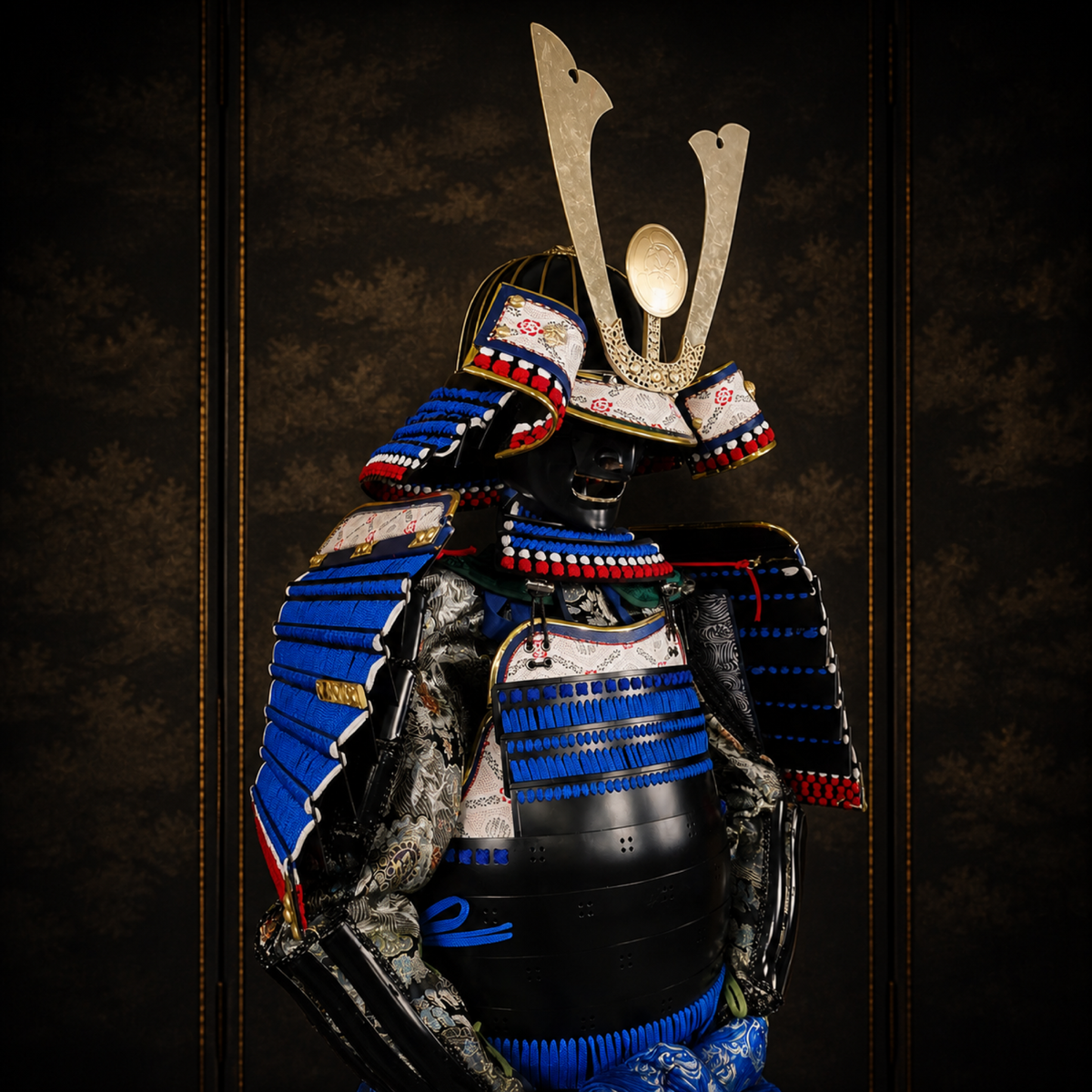 Oda Nobutaka samurai armor, dark museum-style background, view 4