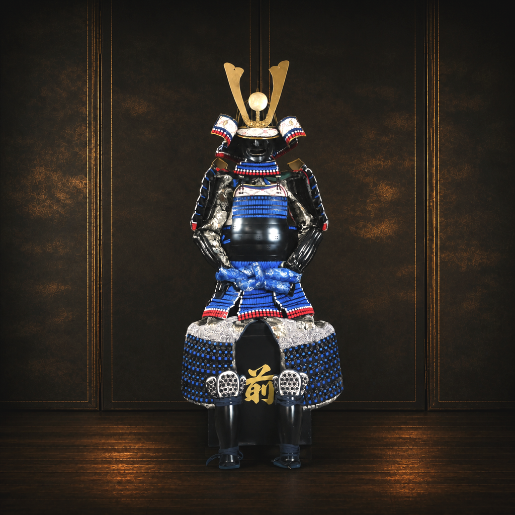 Oda Nobutaka Samurai Armor — Indigo and Black, Full Life-Size Set — full front view