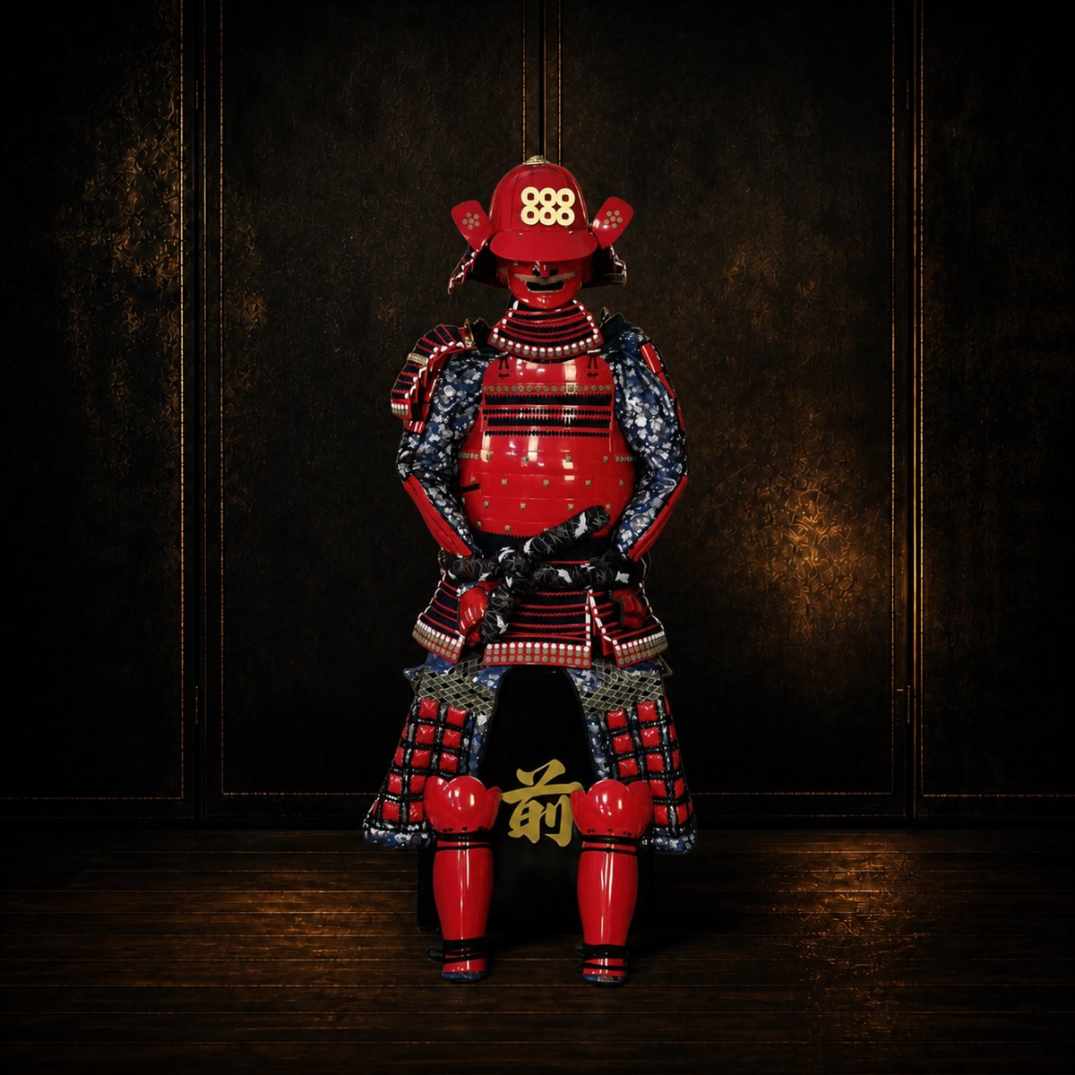 Sanada Daisuke samurai armor, dark museum-style background, view 1