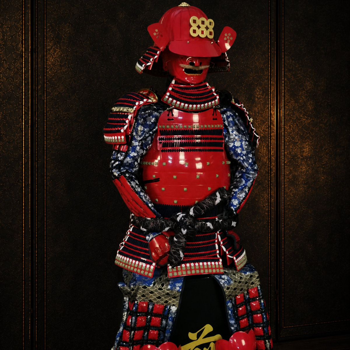 Sanada Daisuke samurai armor, dark museum-style background, view 2
