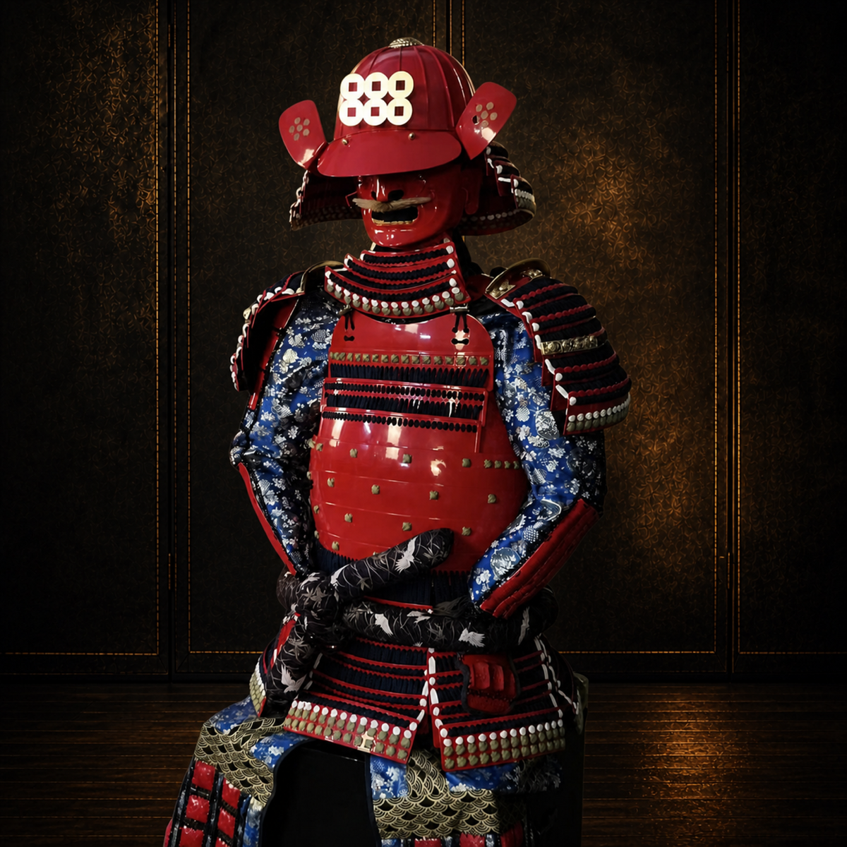 Sanada Daisuke samurai armor, dark museum-style background, view 3
