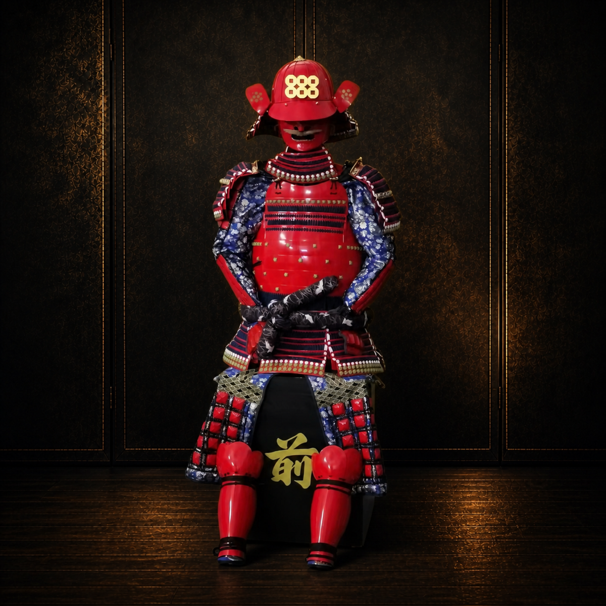 Sanada Daisuke samurai armor, dark museum-style background, view 5