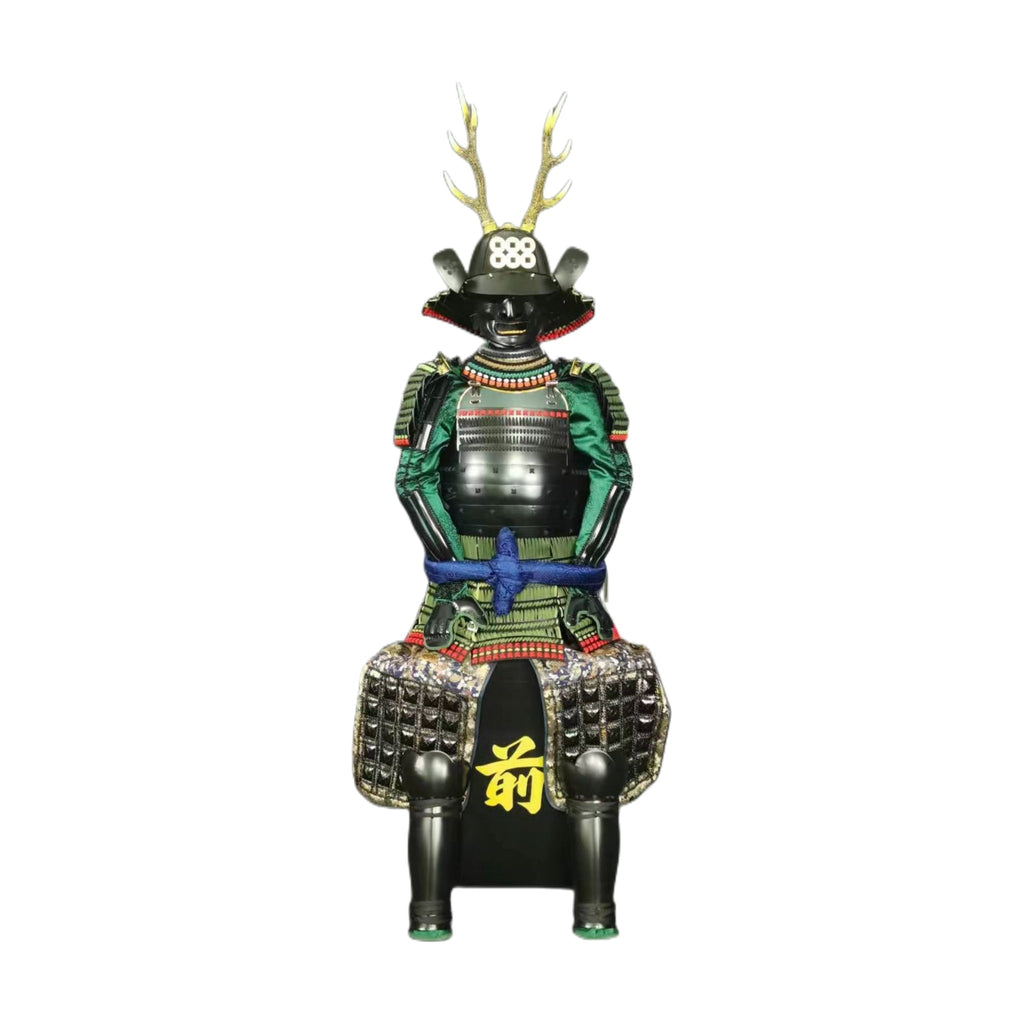 Sanada Yukitaka samurai armor in green and black, front view, white background