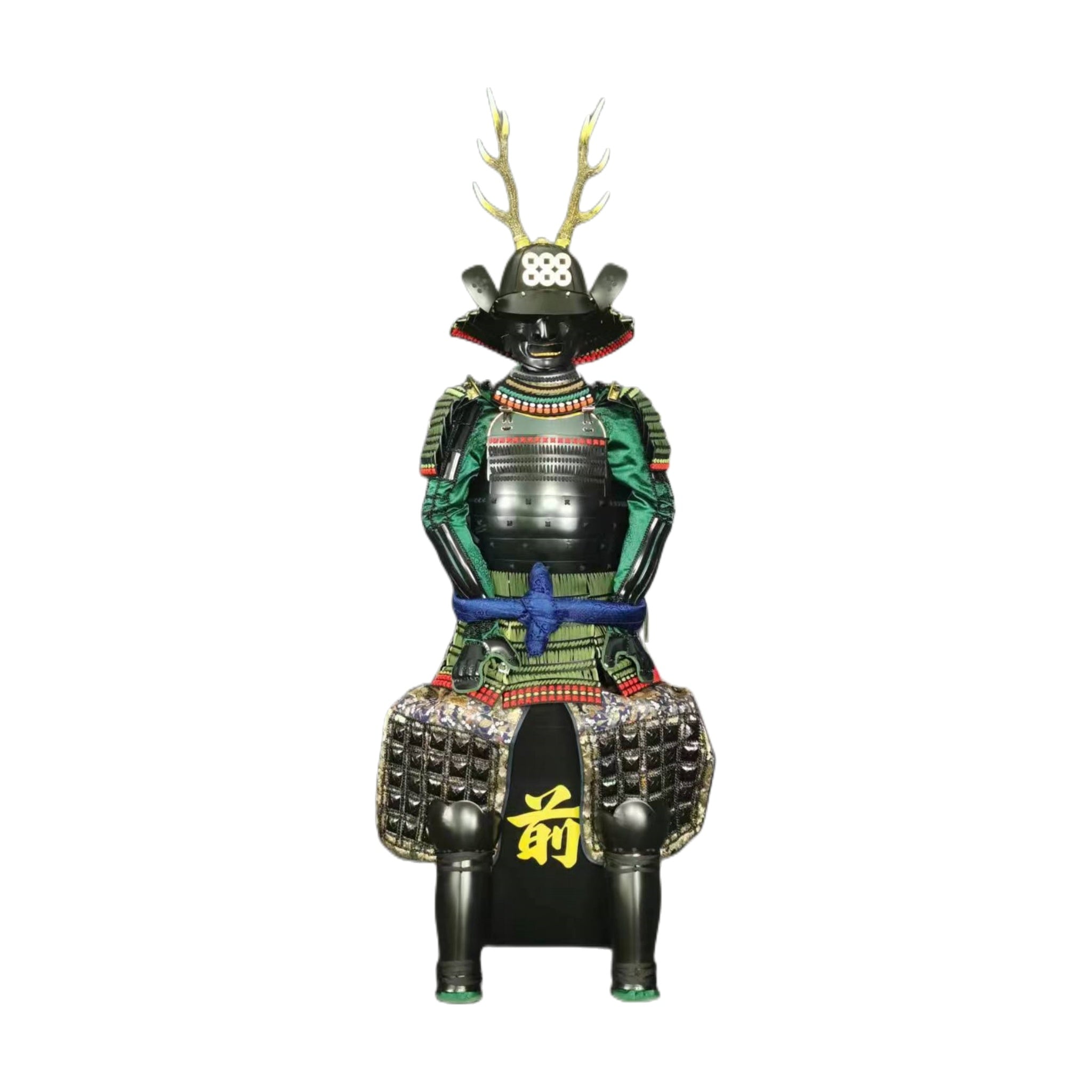 Sanada Yukitaka samurai armor in green and black, front view, white background