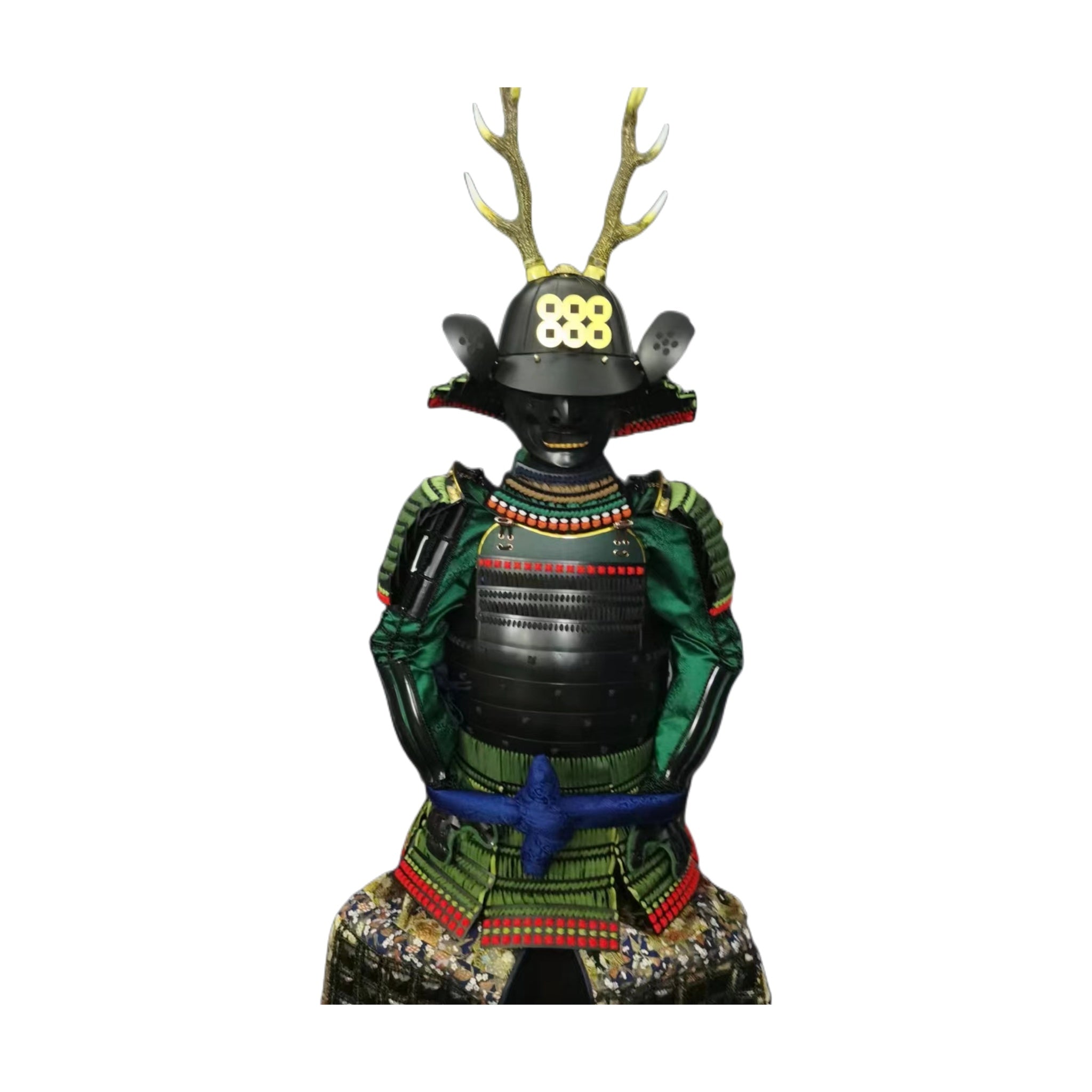 Green and black samurai armor with gilt antler crest, front detail