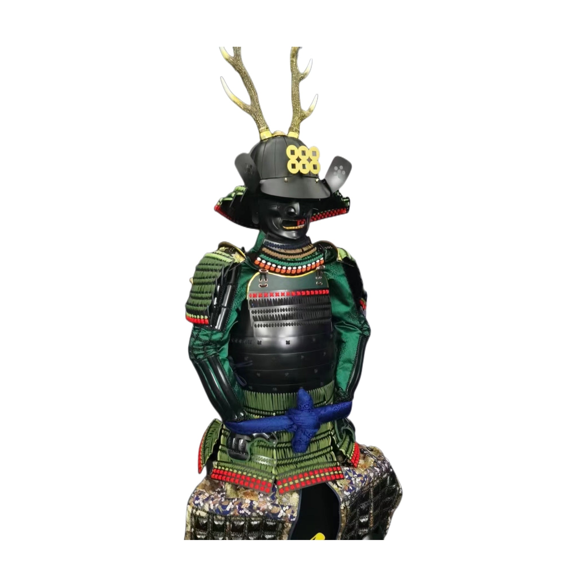 Green and black samurai armor, three-quarter view