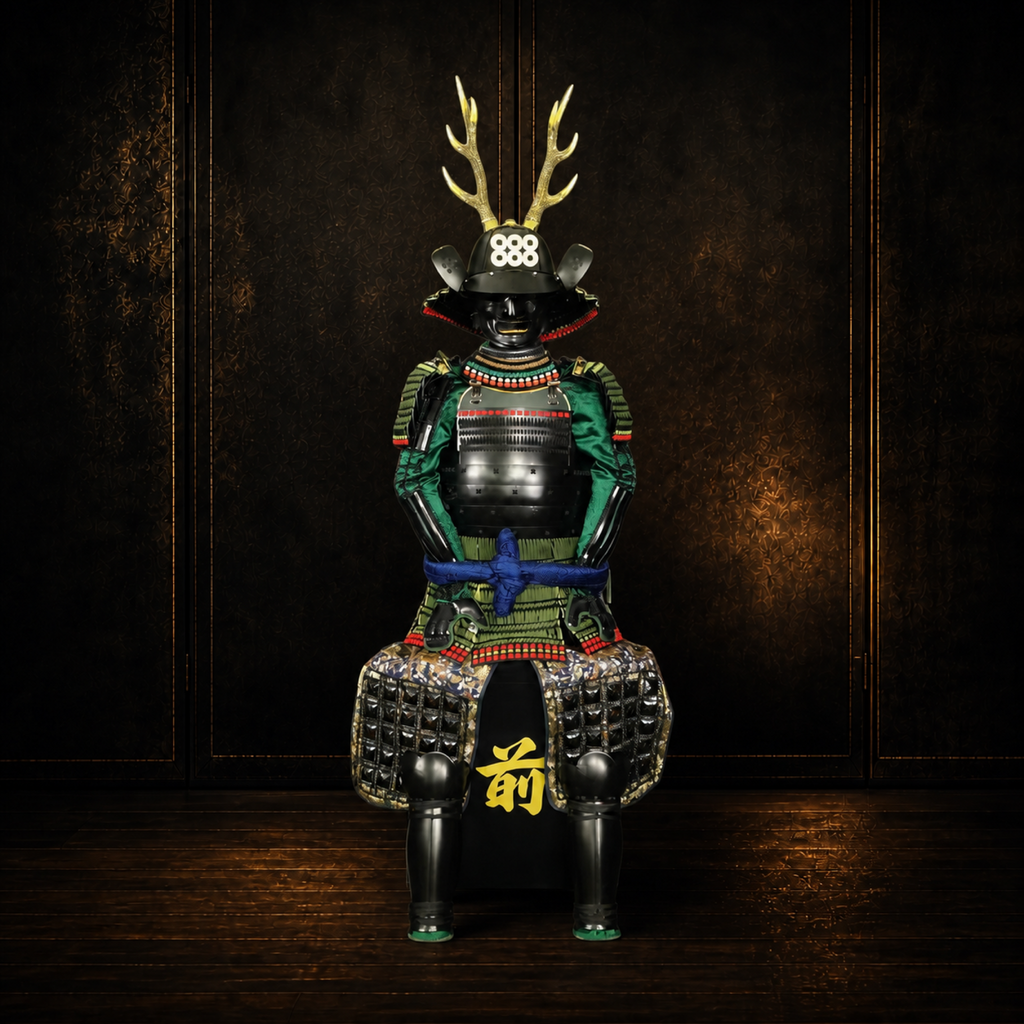 Sanada Yukitaka samurai armor in green and black, front view, dark museum-style background