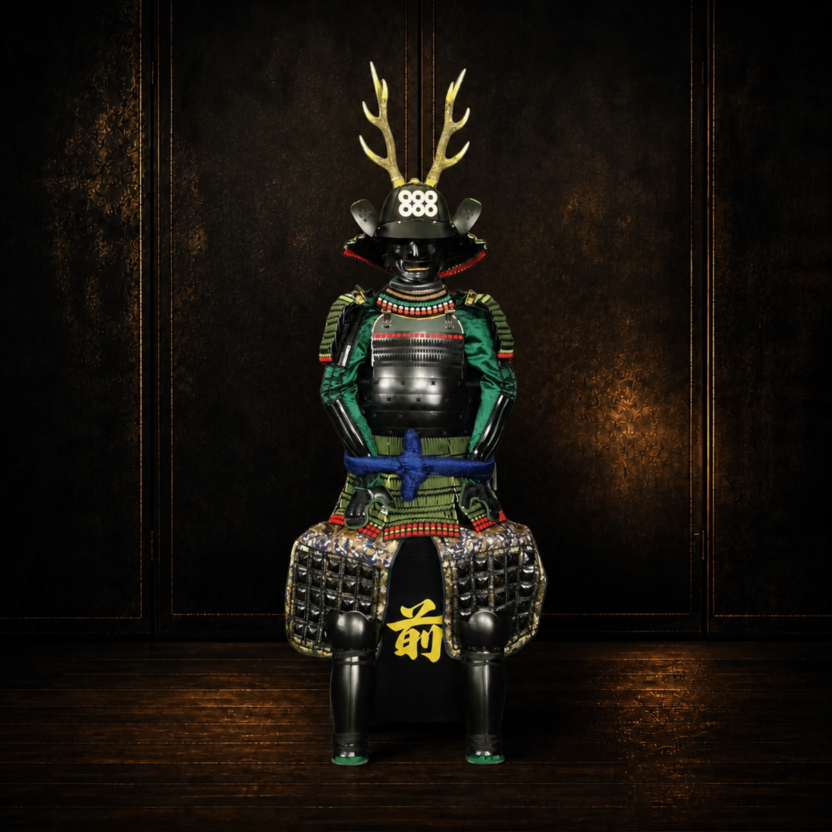 Sanada Yukitaka samurai armor in green and black, front view, dark museum-style background
