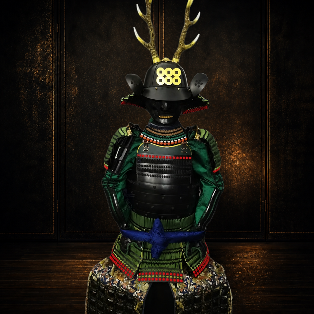 Green and black samurai armor with gilt antler crest, front detail, dark museum-style background