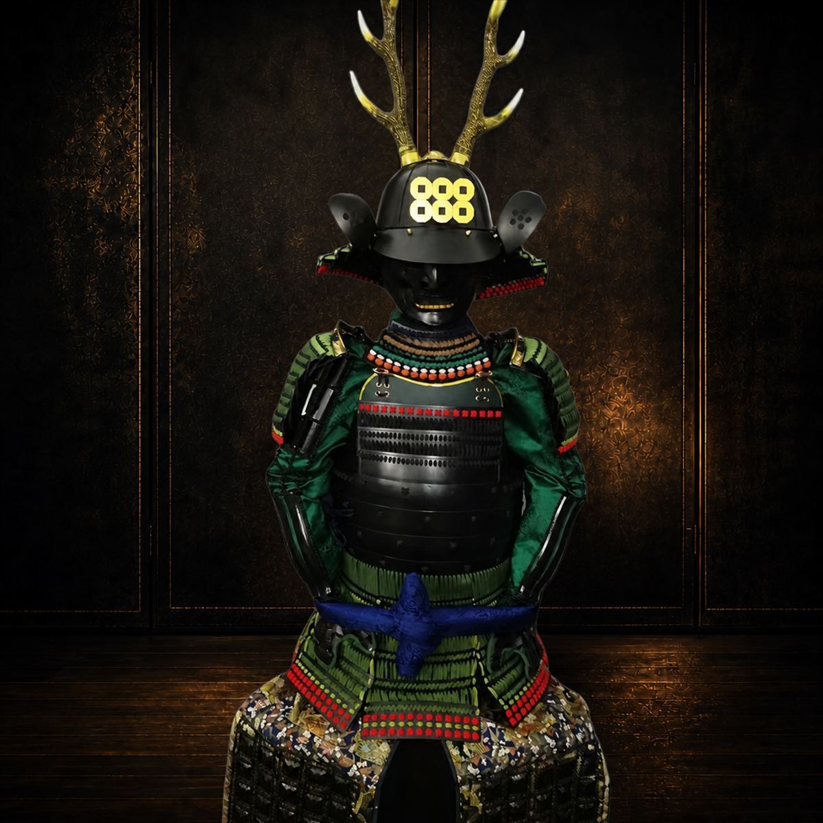 Green and black samurai armor with gilt antler crest, front detail, dark museum-style background