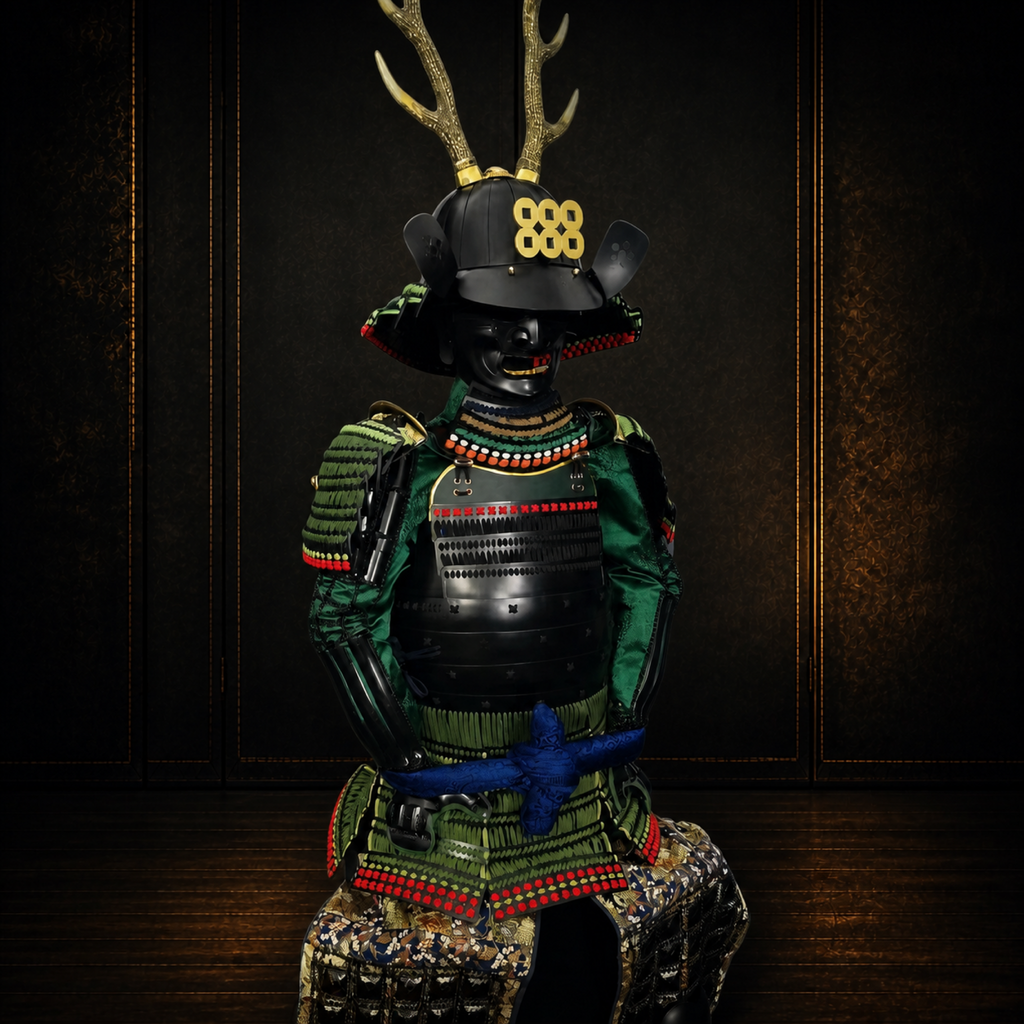 Green and black samurai armor, three-quarter view, dark museum-style background
