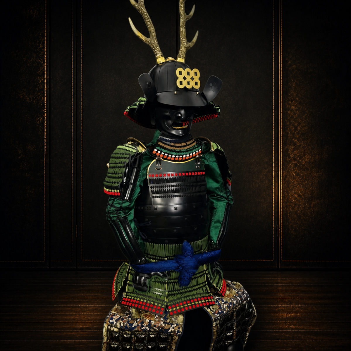 Green and black samurai armor, three-quarter view, dark museum-style background