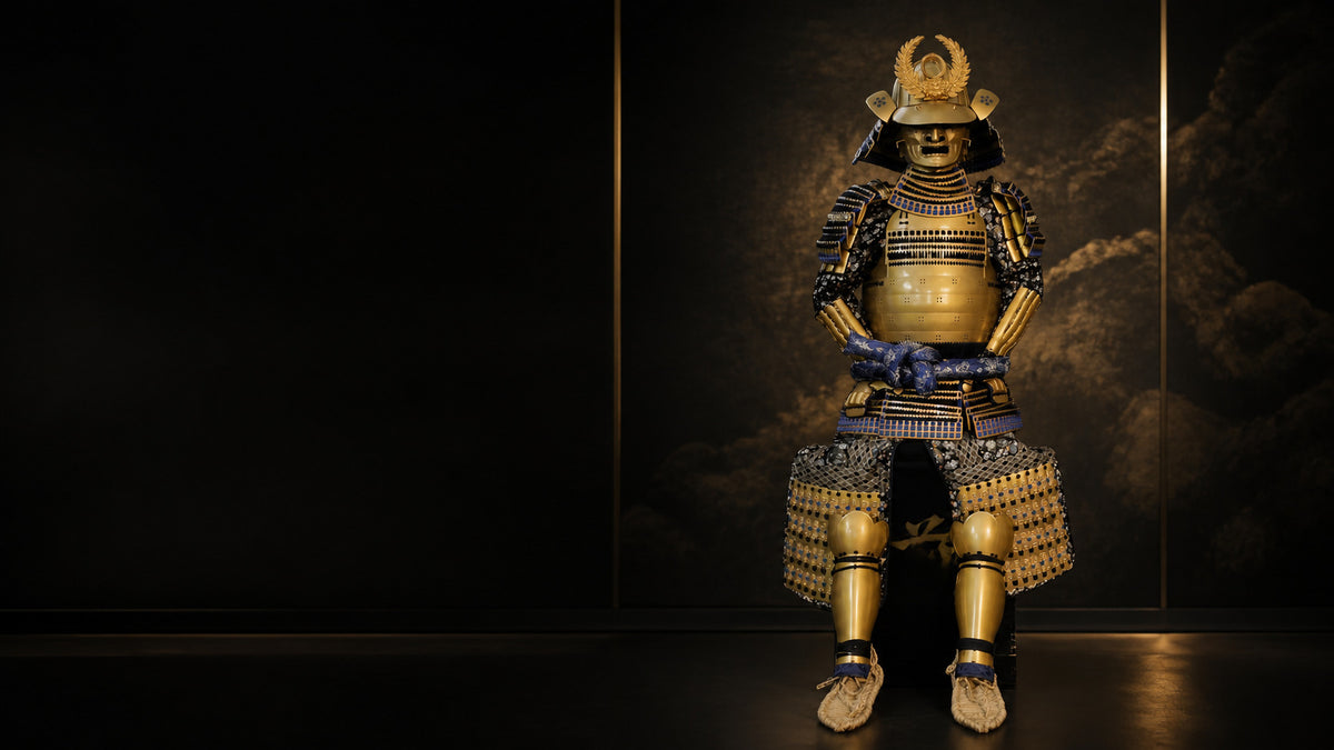 Tokugawa Ieyasu full-size gold samurai armor, complete view in a dark studio