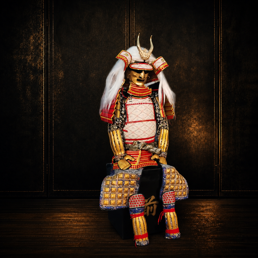 Takeda Shingen samurai armor, dark museum-style background, view 1