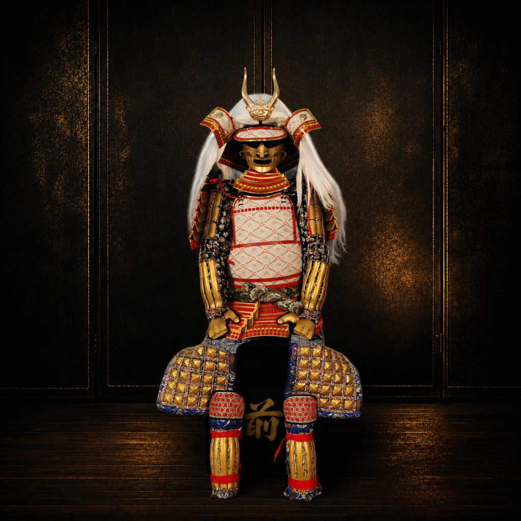 Takeda Shingen samurai armor, dark museum-style background, view 2