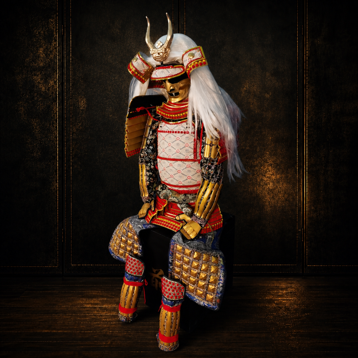 Takeda Shingen samurai armor, dark museum-style background, view 3
