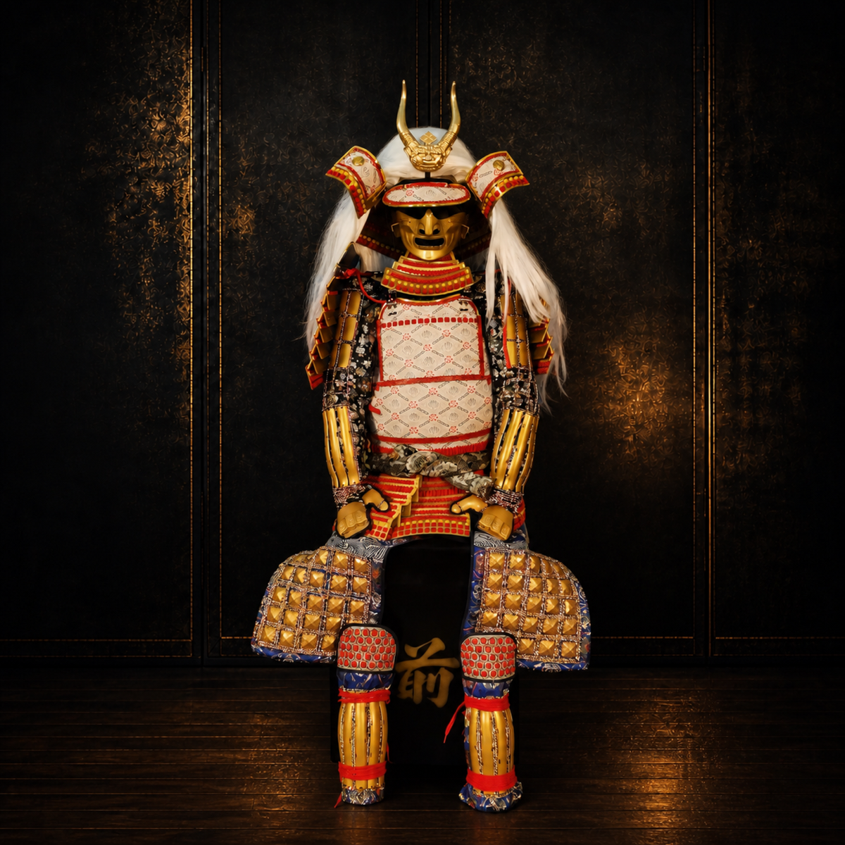 Takeda Shingen samurai armor, dark museum-style background, view 4