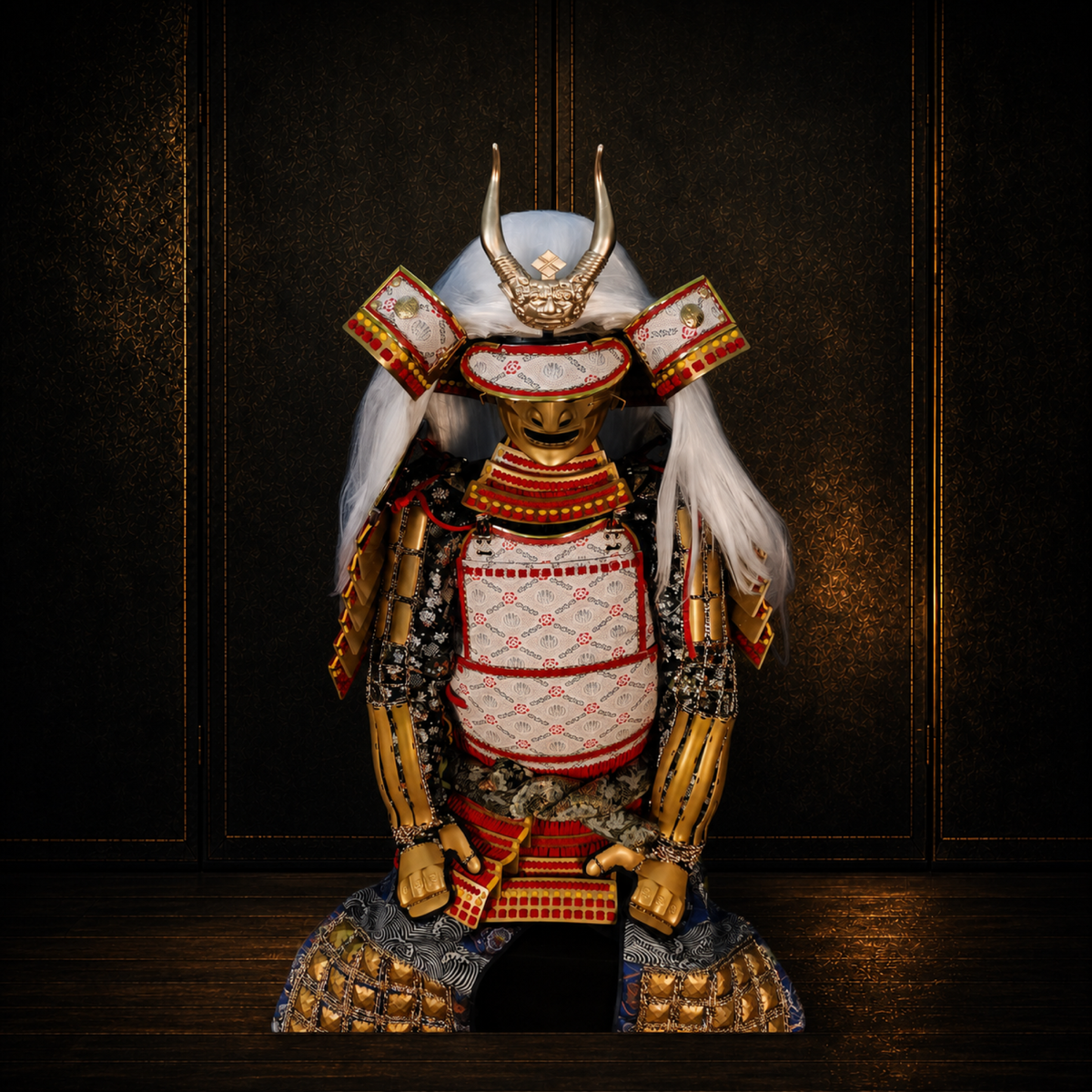 Takeda Shingen samurai armor, dark museum-style background, view 5