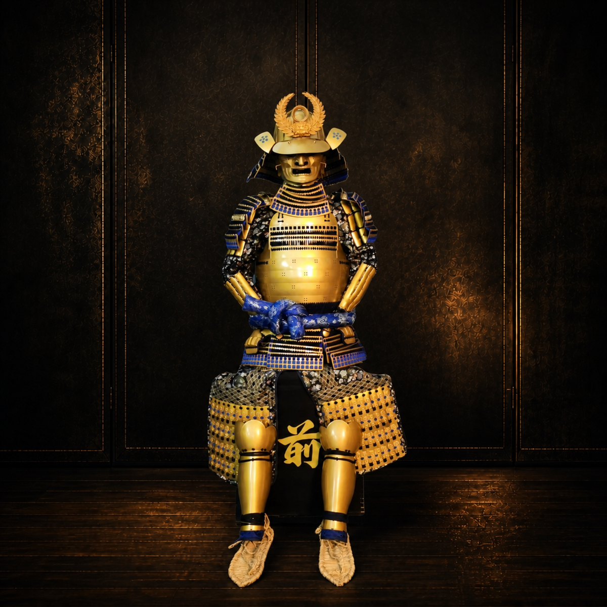 Tokugawa Ieyasu samurai armor, dark museum-style background, view 1