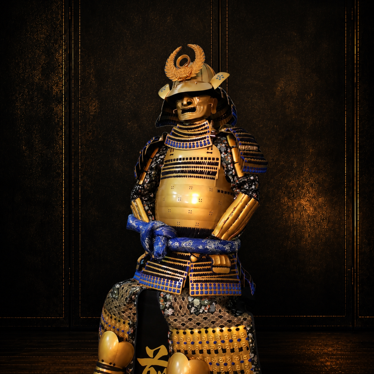 Tokugawa Ieyasu samurai armor, dark museum-style background, view 2