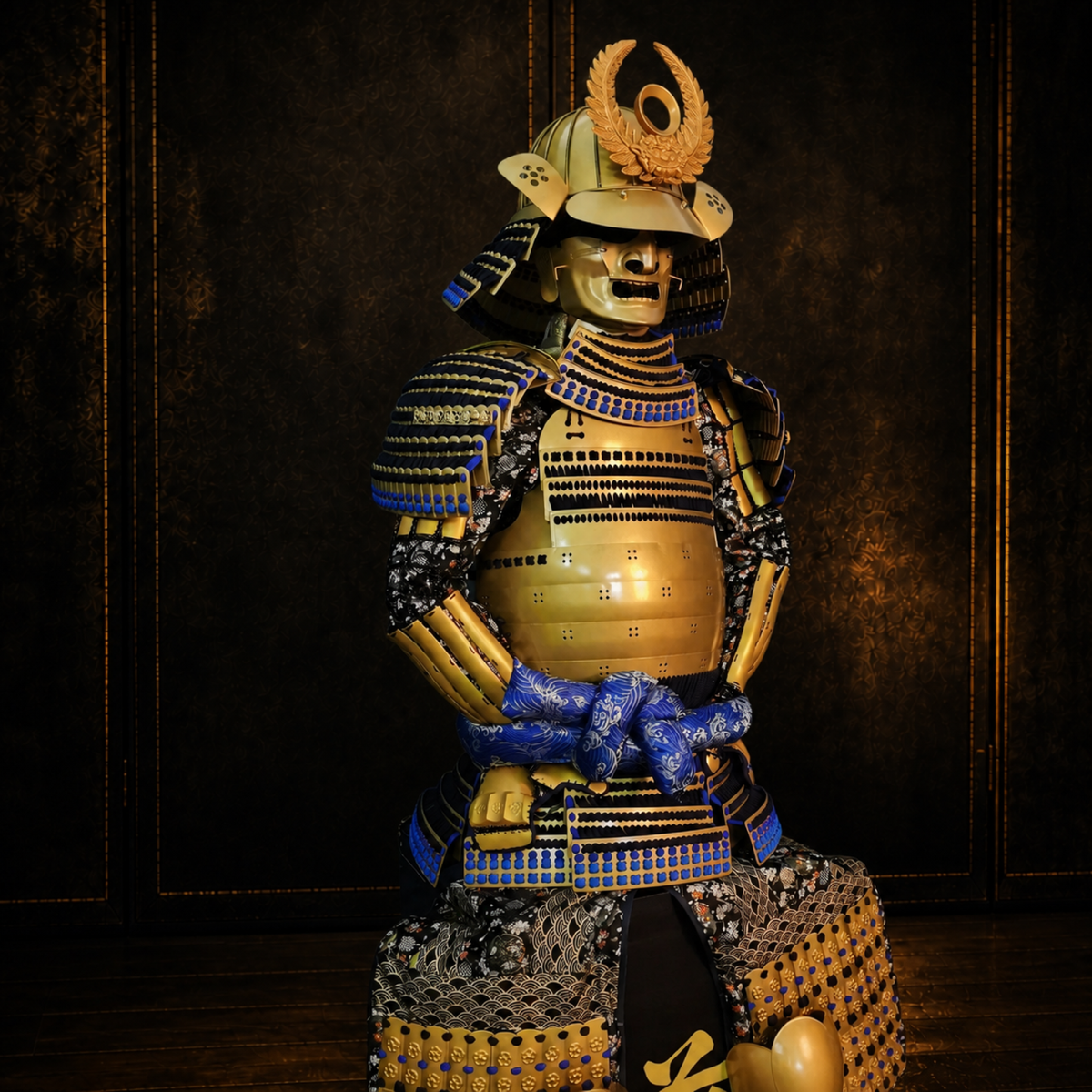 Tokugawa Ieyasu samurai armor, dark museum-style background, view 3