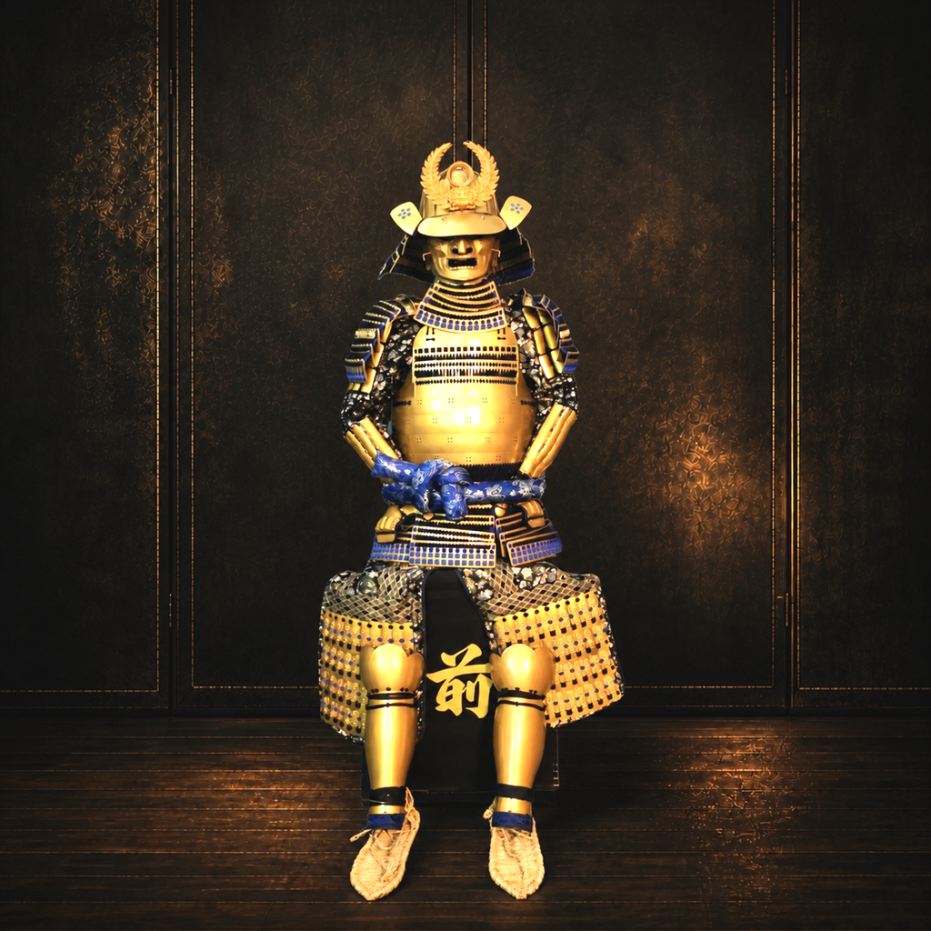 Tokugawa Ieyasu Samurai Armor — Golden Shida Gusoku, Full Life-Size Set — full front view