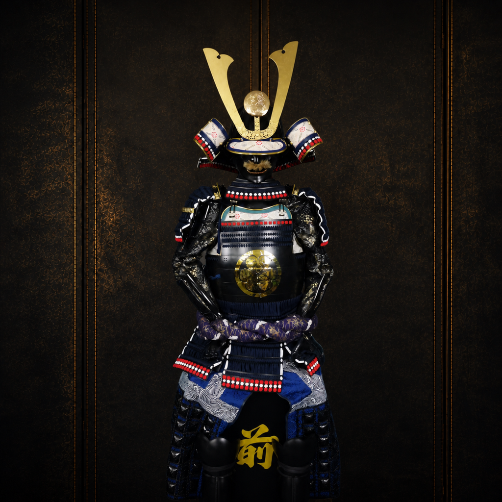 O-yoroi great armor, front detail, gilt fittings and scale construction, dark museum-style background