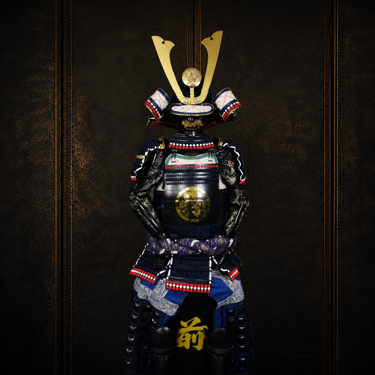 O-yoroi great armor, front detail, gilt fittings and scale construction, dark museum-style background