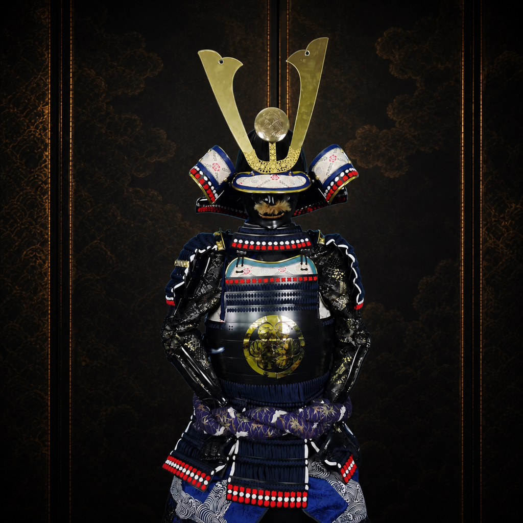 O-yoroi great armor, three-quarter view with large sode shoulder guards, dark museum-style background