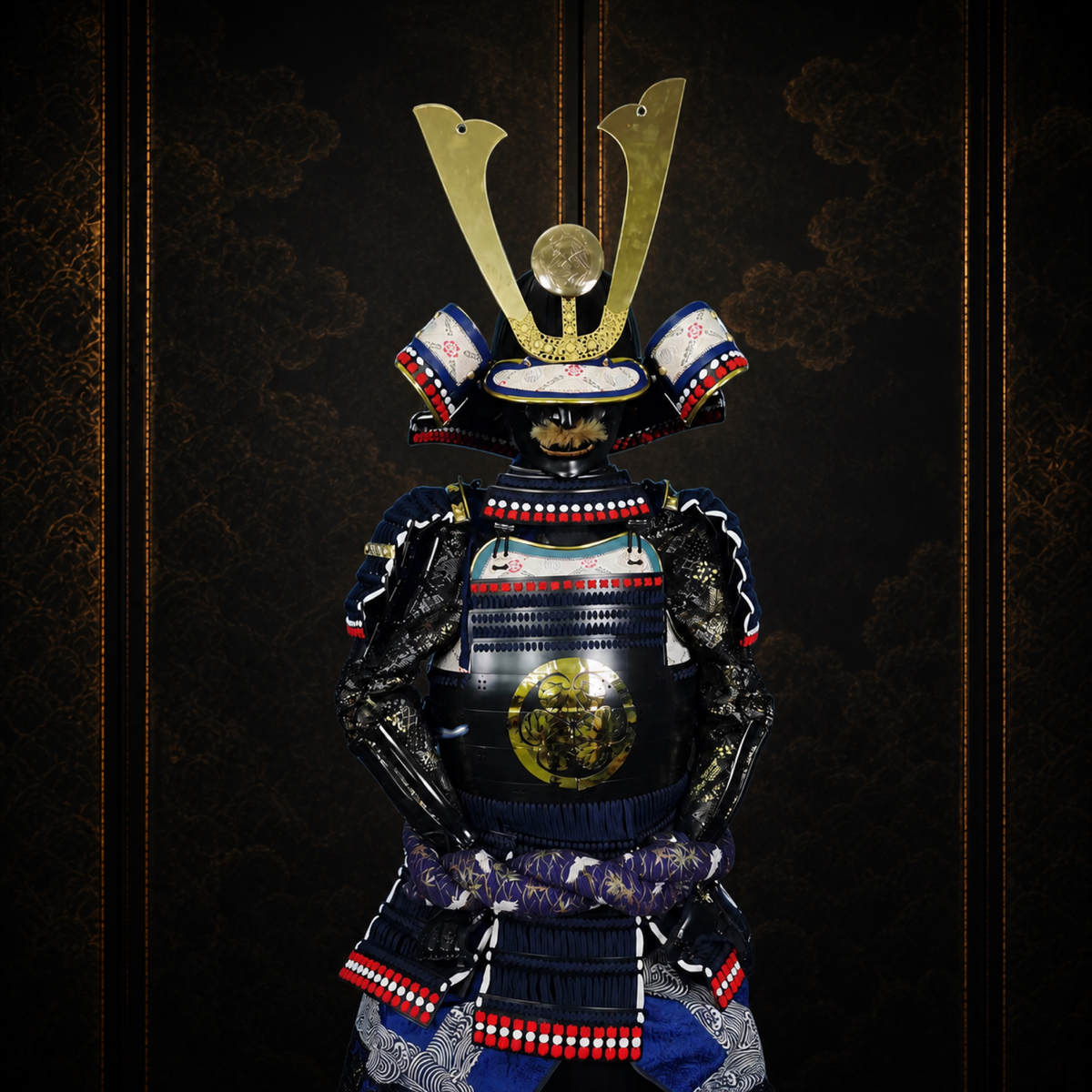 O-yoroi great armor, three-quarter view with large sode shoulder guards, dark museum-style background