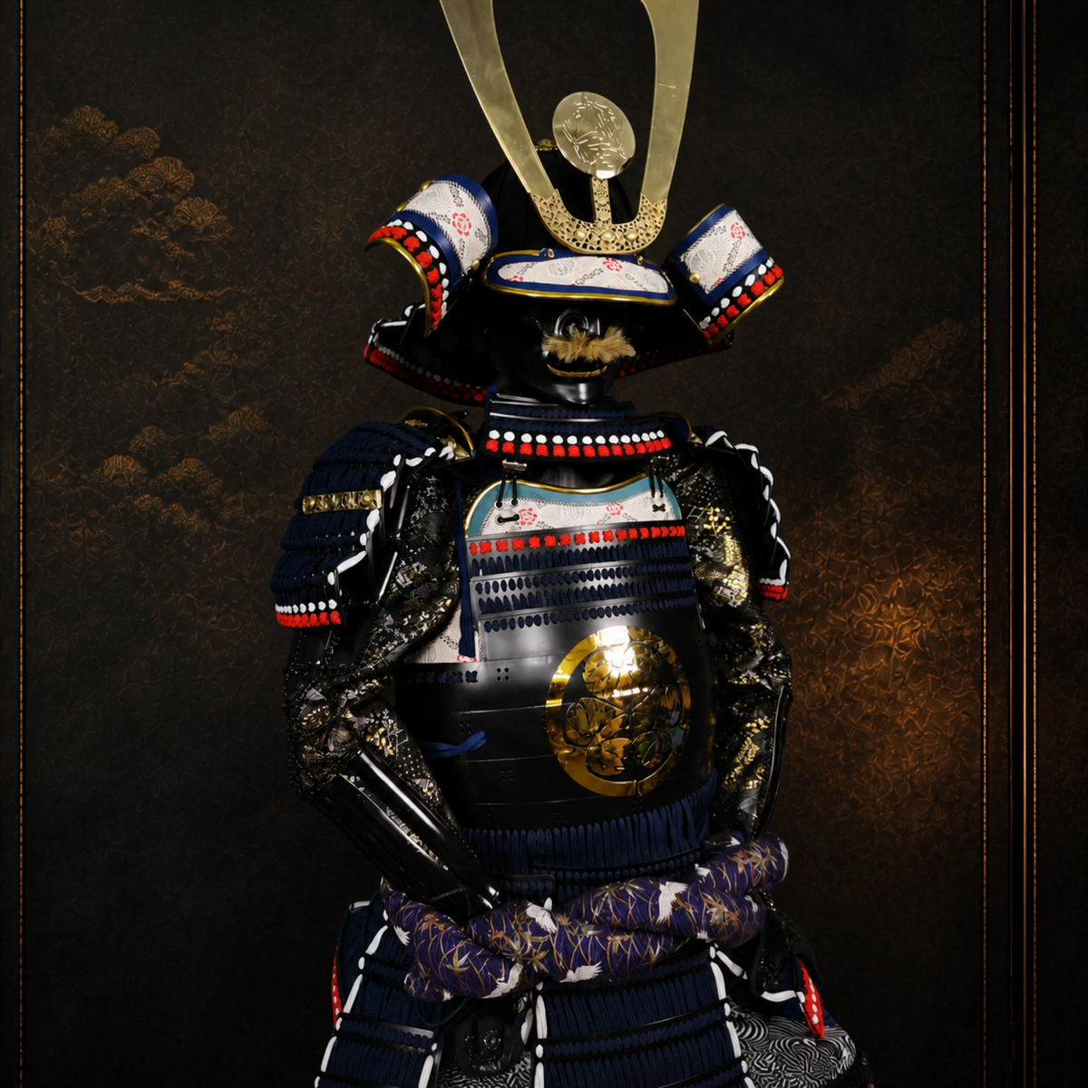 O-yoroi great armor, side view, dark museum-style background