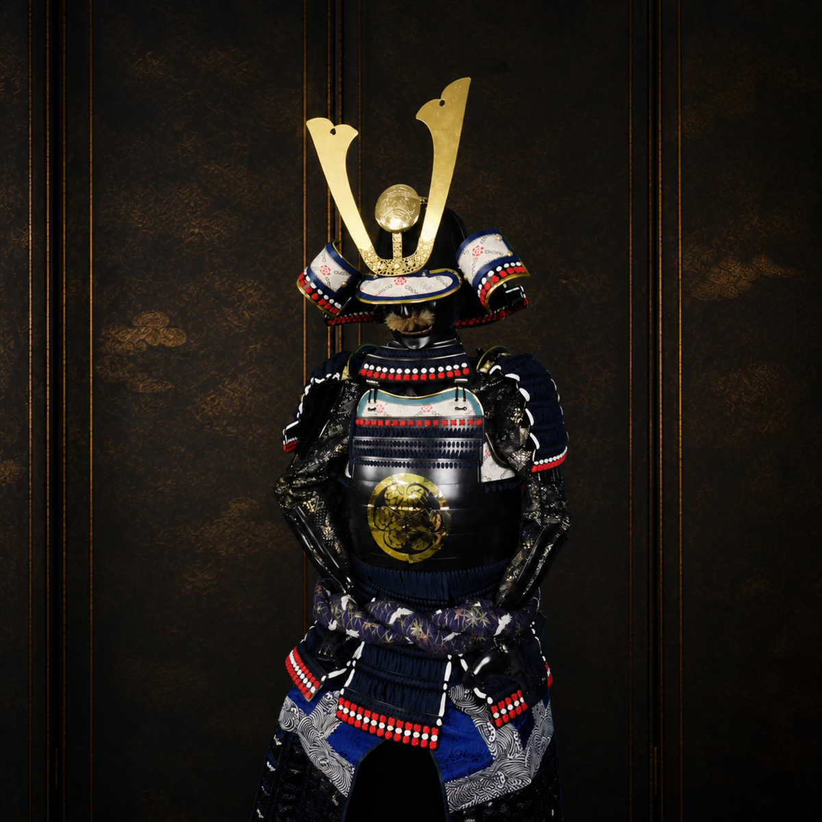 O-yoroi great armor, rear view, dark museum-style background