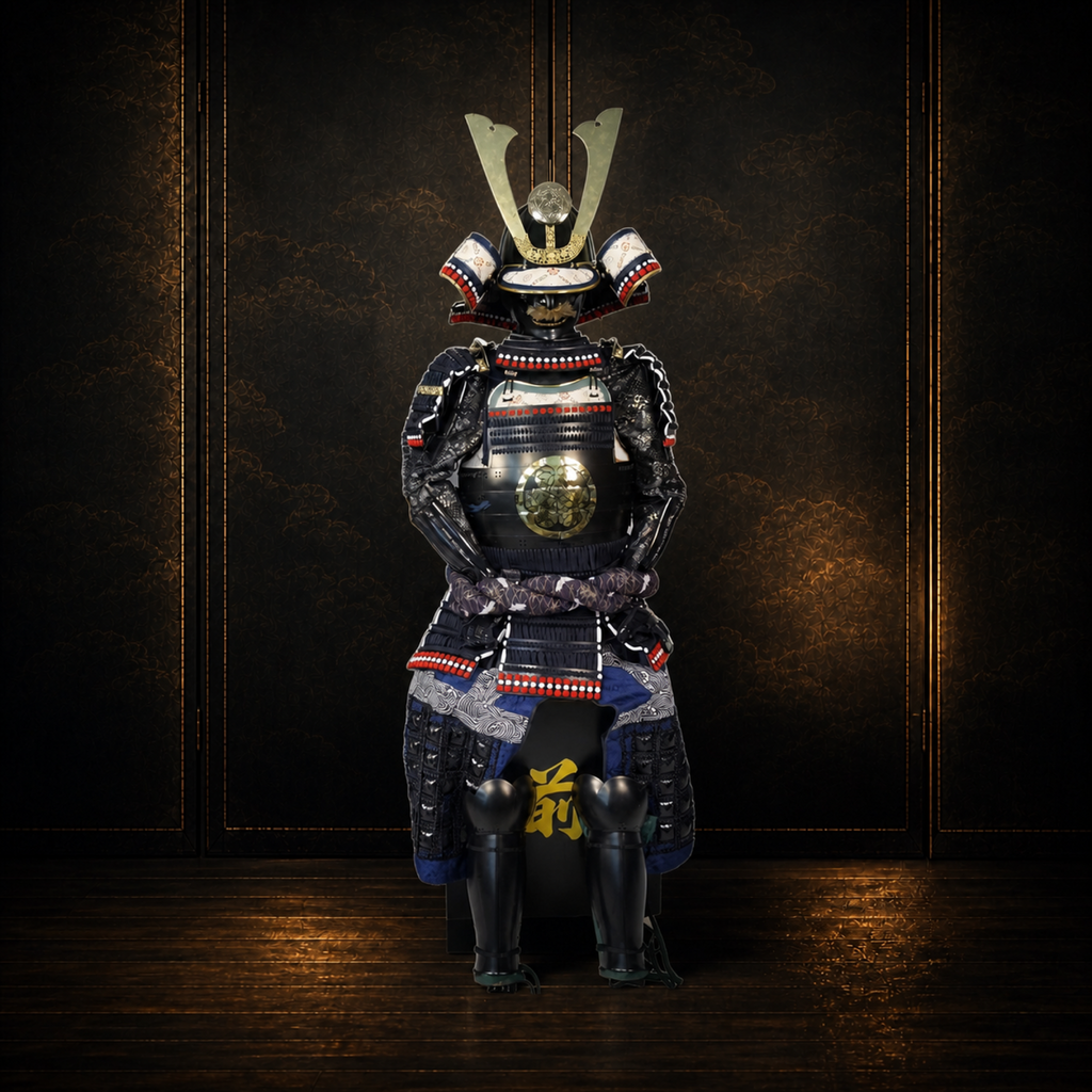 O-yoroi great armor, kabuto helmet with kuwagata crest and fukigaeshi, dark museum-style background