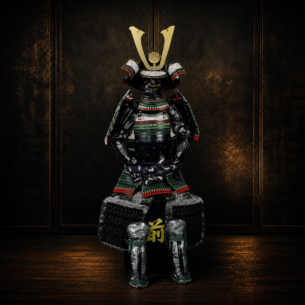Tokugawa Yoshinobu samurai armor, front view, dark museum-style background