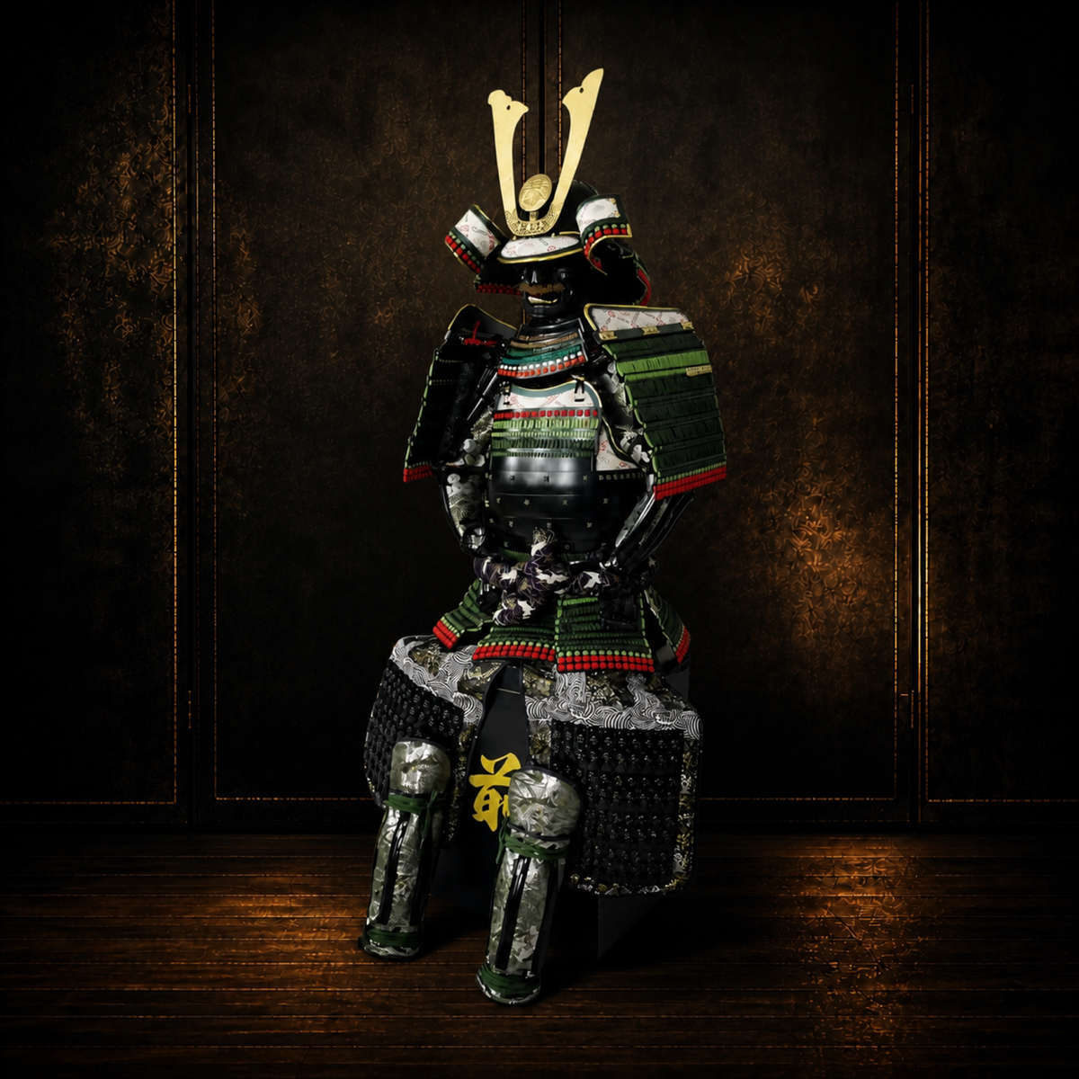Late Edo ceremonial samurai armor, front detail, green lacing, dark museum-style background