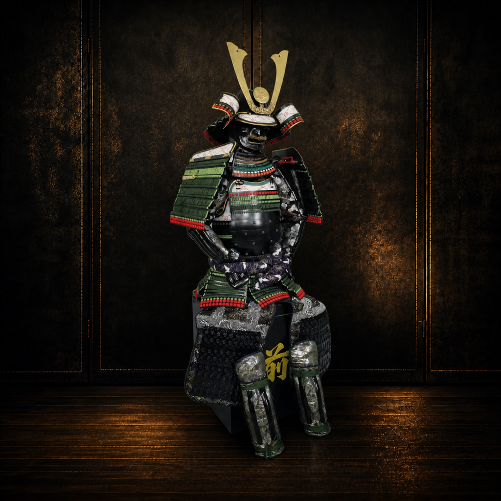 Late Edo ceremonial samurai armor, three-quarter view, dark museum-style background