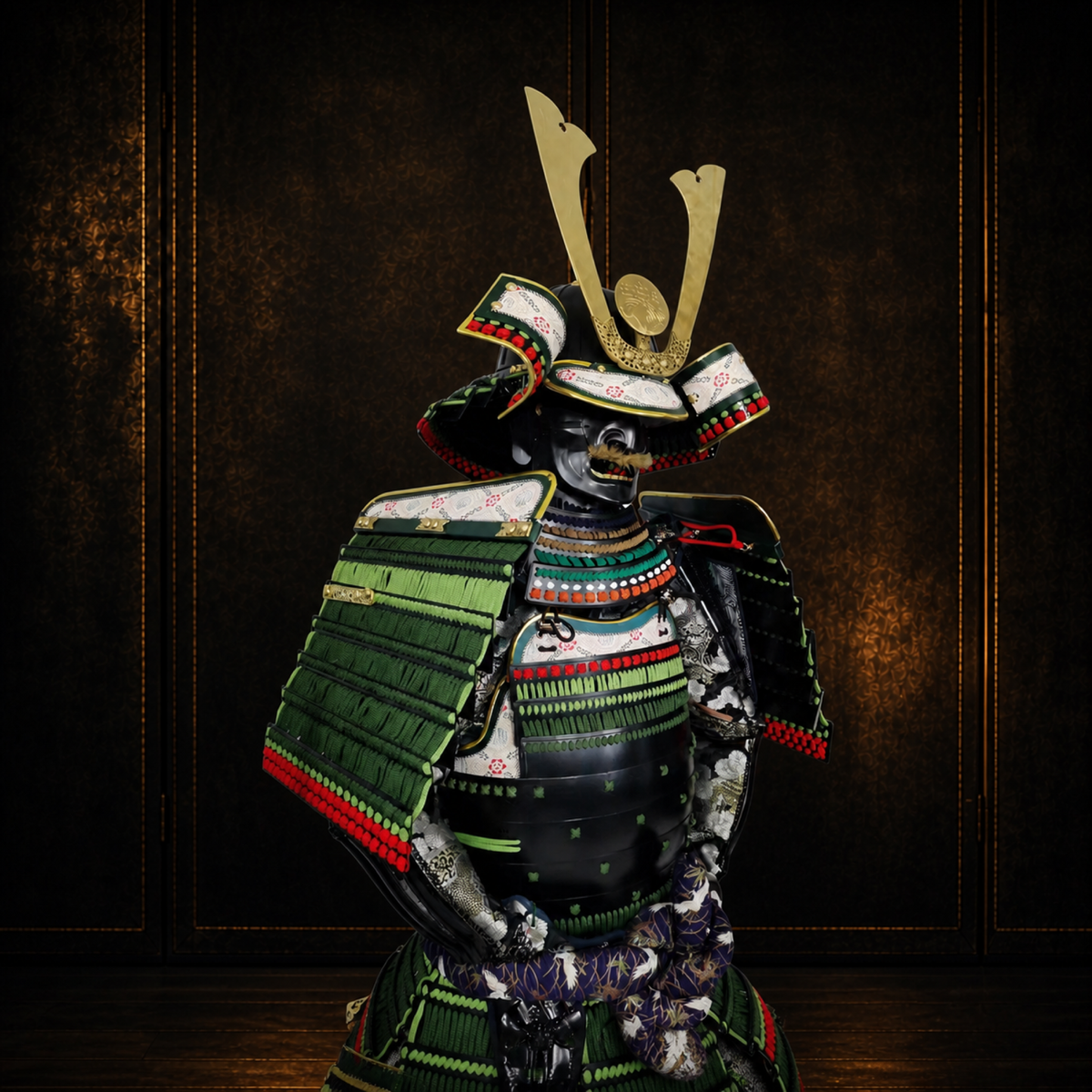 Late Edo ceremonial samurai armor, side view, dark museum-style background