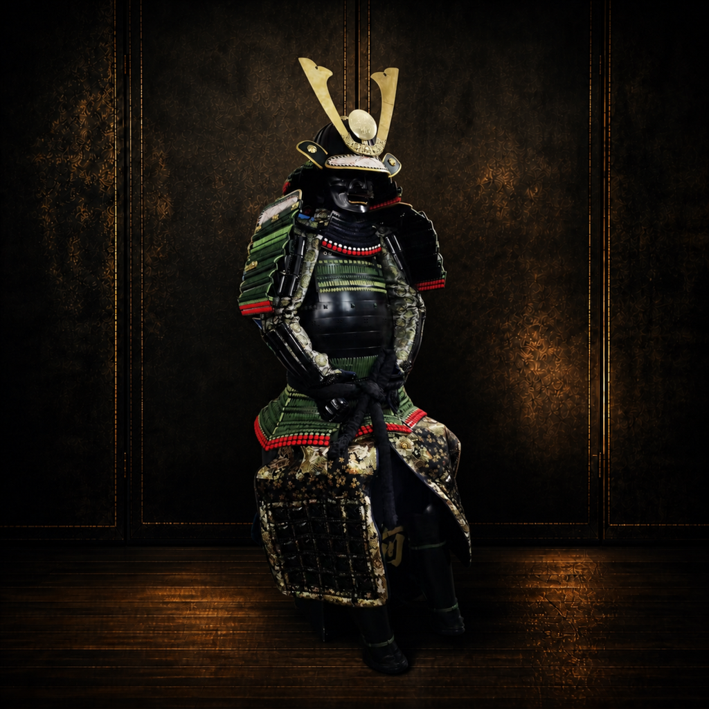 Late Edo ceremonial samurai armor, rear view, dark museum-style background