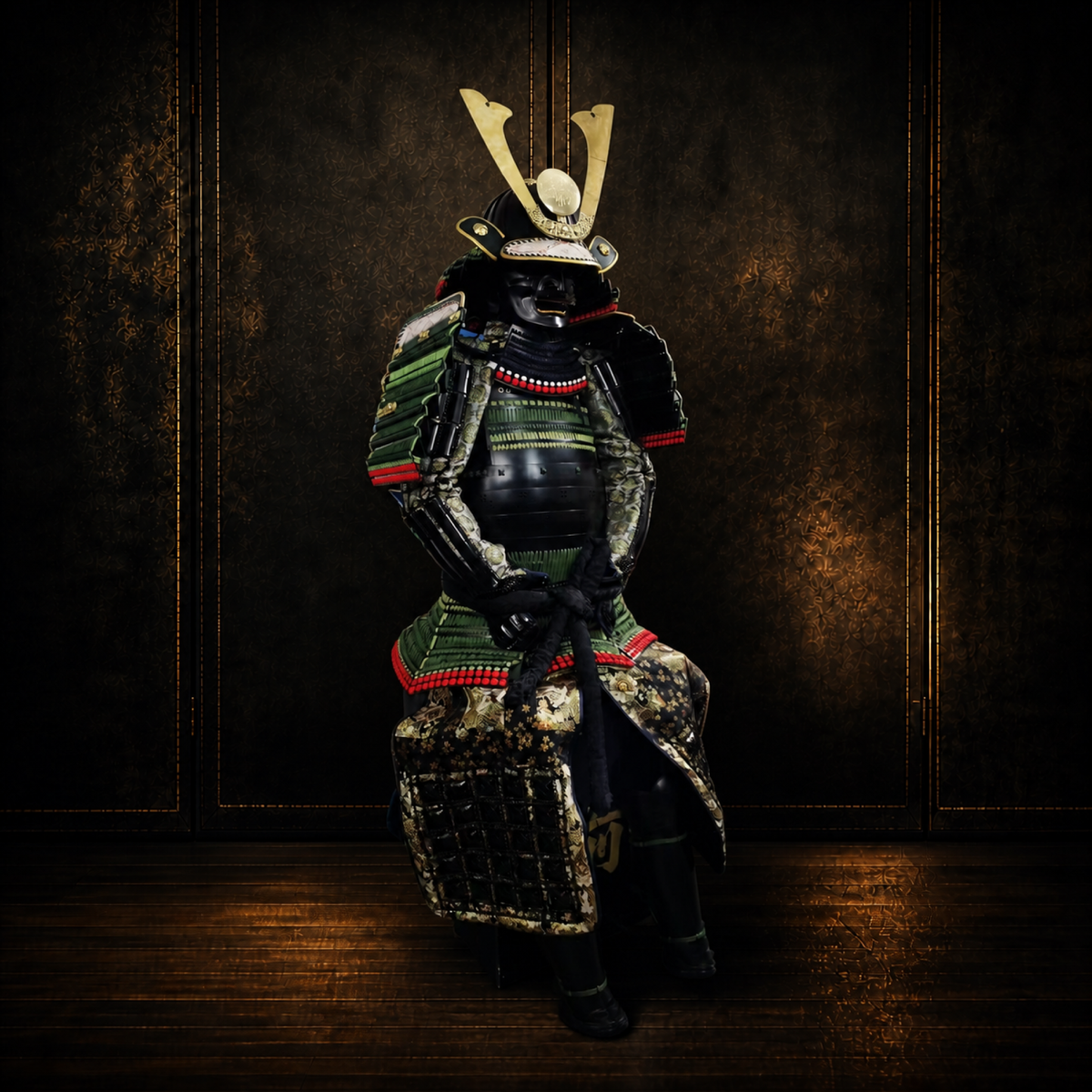 Late Edo ceremonial samurai armor, rear view, dark museum-style background