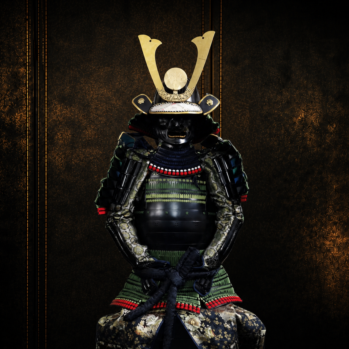 Late Edo ceremonial samurai armor, kabuto helmet close-up, dark museum-style background